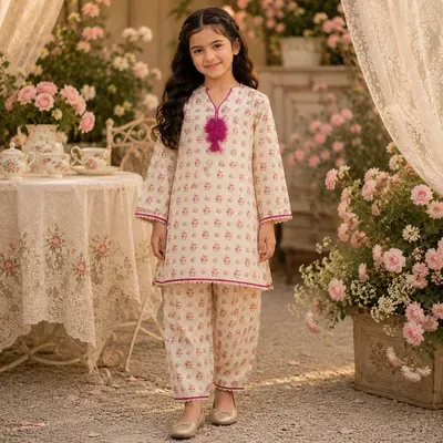 Girl's Cotton Printed Kurta and Shalwar Ditsy Set- 2 Pcs thumbnail 4