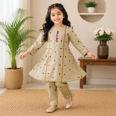 Girl's Summer Embroidered Kurta Set - Beige thumbnail 2