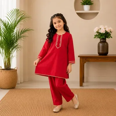 Girl's Classic Red Kurta And Trouser Set - 2 Pcs thumbnail 3