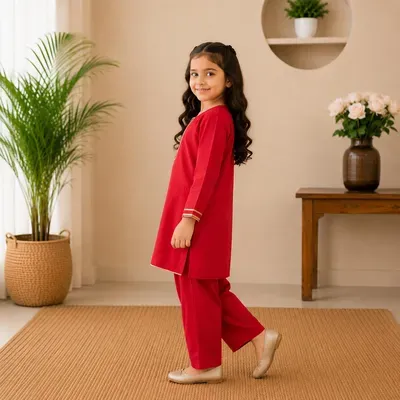 Girl's Classic Red Kurta And Trouser Set - 2 Pcs thumbnail 2