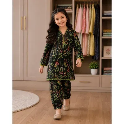 Stylish Bloom Kurta And Trouser Set for Girls - 2 Pcs thumbnail 4