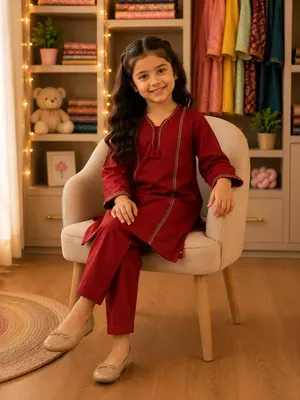 Stylish Girls' Kurta and Trouser Set – 2 Pcs Cotton Outfit thumbnail 3