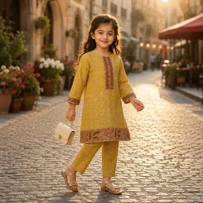 Stylish Cotton Printed Kurta and Trouser Set for Girls - 2 Pcs thumbnail 2