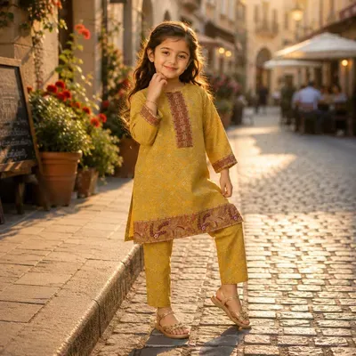 Stylish Cotton Printed Kurta and Trouser Set for Girls - 2 Pcs thumbnail 3