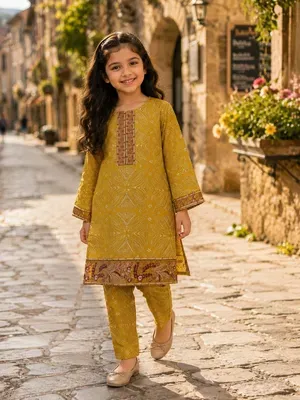 Stylish Cotton Printed Kurta and Trouser Set for Girls - 2 Pcs thumbnail 4