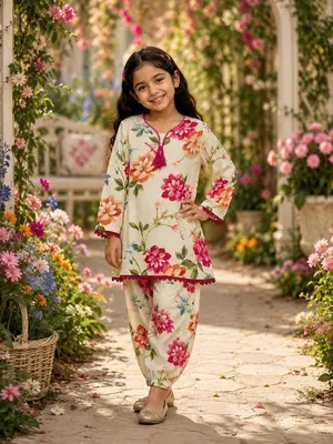 Girls' Cotton Printed Kurta and Trouser Set - 2 Pcs