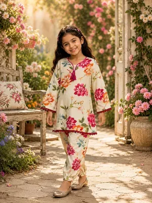 Girls' Cotton Printed Kurta and Trouser Set - 2 Pcs thumbnail 2