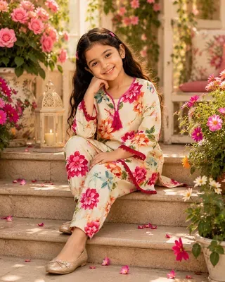 Girls' Cotton Printed Kurta and Trouser Set - 2 Pcs thumbnail 4