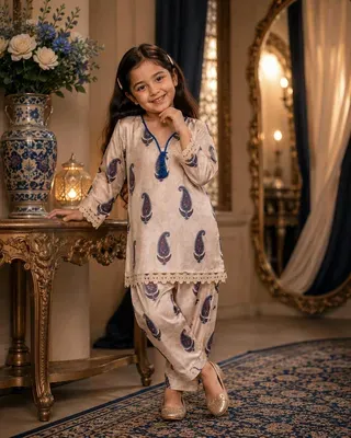 Girl's Silk Kurta and Trouser Set - 2 Pcs thumbnail 2