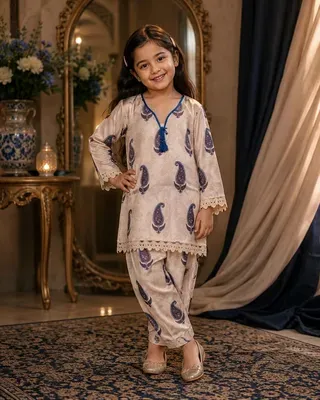Girl's Silk Kurta and Trouser Set - 2 Pcs thumbnail 3