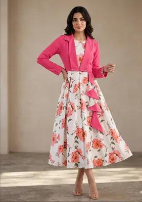 Stunning Pink Printed Maxi and Jacket Set - 2 Pcs