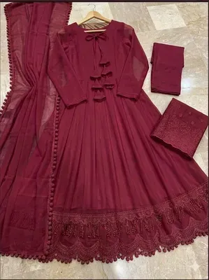 3 Pcs Women's Stitched Chiffon Plain Maxi Suit thumbnail 2