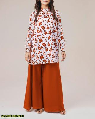 2 Pcs Women's Stitched Grip Printed Shirt And Palazzo