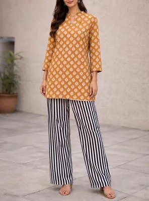 Cotton Printed Co-ord Set Yellow Black Striped 2 Pcs