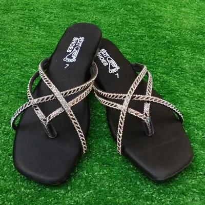 Women's Black Rhinestone Chain Strap Flat Sandals thumbnail 2