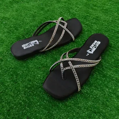Women's Black Rhinestone Chain Strap Flat Sandals thumbnail 3