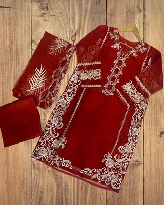 3 Pcs Women's Stitched Organza Embroidered Suit