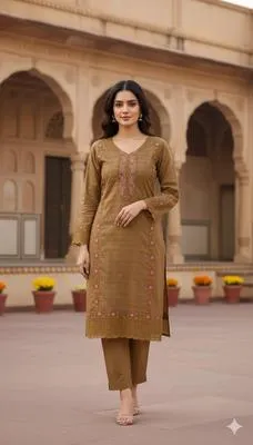 Brown Embroidered Linen Suit with Chiffon Dupatta - 3 Pcs