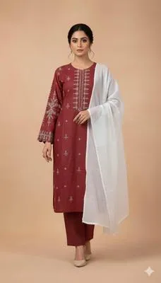 Stunning Maroon Embroidered Linen Suit - 3 Pcs Women’s Stitched Outfit