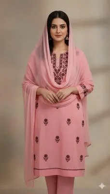 Chic Pink Embroidered Suit for Women - 3 Pcs Set in Linen with Dupatta