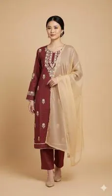Embroidered Linen Women's Suit - 3 Pcs in Maroon