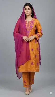 Stylish Women's Stitched 3 Pcs Linen Embroidered Suit in Vibrant Orange