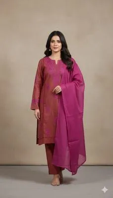 Exquisite Maroon Embroidered Linen Suit - 3 Pcs Set