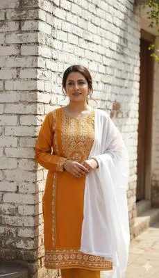 Embroidered Linen Suit Set - 3 Pcs in Orange