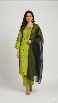 Elegant Green Linen Embroidered Suit - 3 Pcs