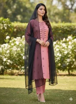 Stylish Pink Linen Embroidered Suit - 3 Pcs Set