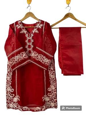 3 Pcs Women's Stitched Fancy Organza Embroidered Suit