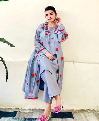 3 Pcs Women's Stitched Silk Embroidered Suit 