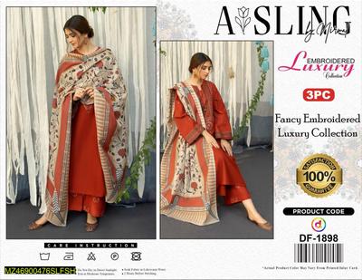 3 Pcs Women's Unstitched Dhanak Embroidered Suit