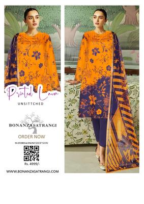 3 Pcs Women's Unstitched Lawn Digital Print Suit