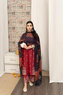 3 Pcs Women's Unstitched Dhanak Embroidered Suit