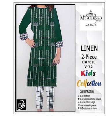 2 Pcs Girl's Linen Embroidered Shirt And Trouser Suit