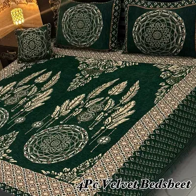 4 Pcs Velvet Jacquard Embroidered Double Bedsheet