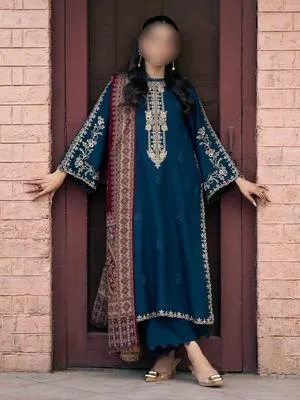 Blue Embroidered 3-Piece Lawn Suit for Eid & Weddings