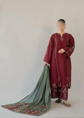 Maroon 3-Piece Lawn Suit with Green Digital Print Dupatta