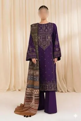 Purple Embroidered 3-Piece Lawn Suit for Eid & Weddings