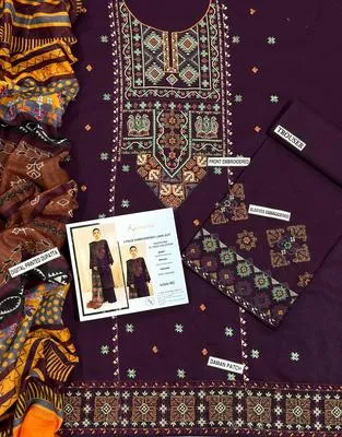 Purple Embroidered 3-Piece Lawn Suit for Eid & Weddings thumbnail 3