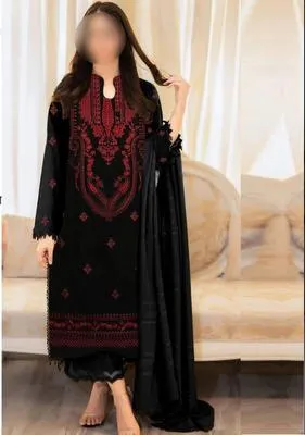 Black Red Embroidered 3-Piece Eid Wedding Suit