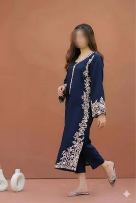 Women's Navy Embroidered Kurta Pajama Set