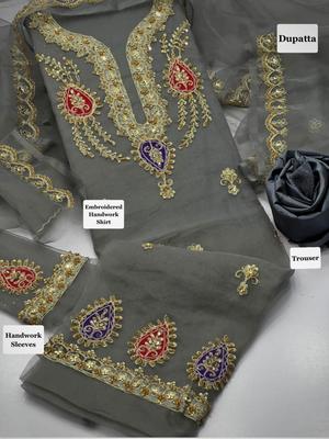 3 Pcs Women's Unstitched Organza Embroidered Suit