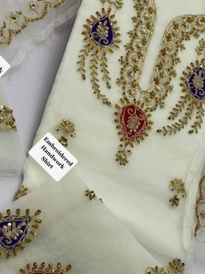 3 Pcs Women's Unstitched Organza Hand Embroidered Suit