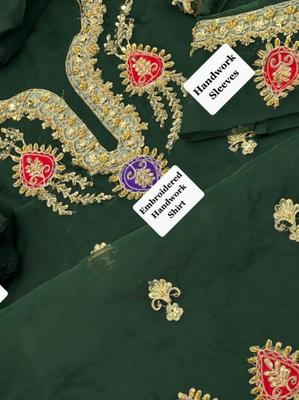3 Pcs Women's Unstitched Organza Hand Embroidered Suit