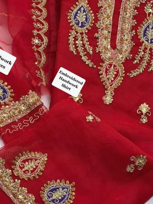 3 Pcs Women's Unstitched Organza Hand Embroidered Suit