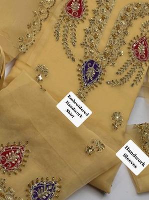 3 Pcs Women's Unstitched Organza Hand Embroidered Suit