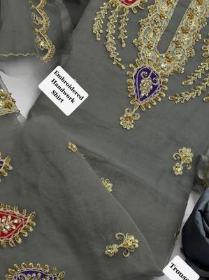 3 Pcs Women's Unstitched Organza Hand Embroidered Suit