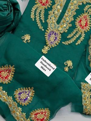 3 Pcs Women's Unstitched Organza Hand Embroidered Suit